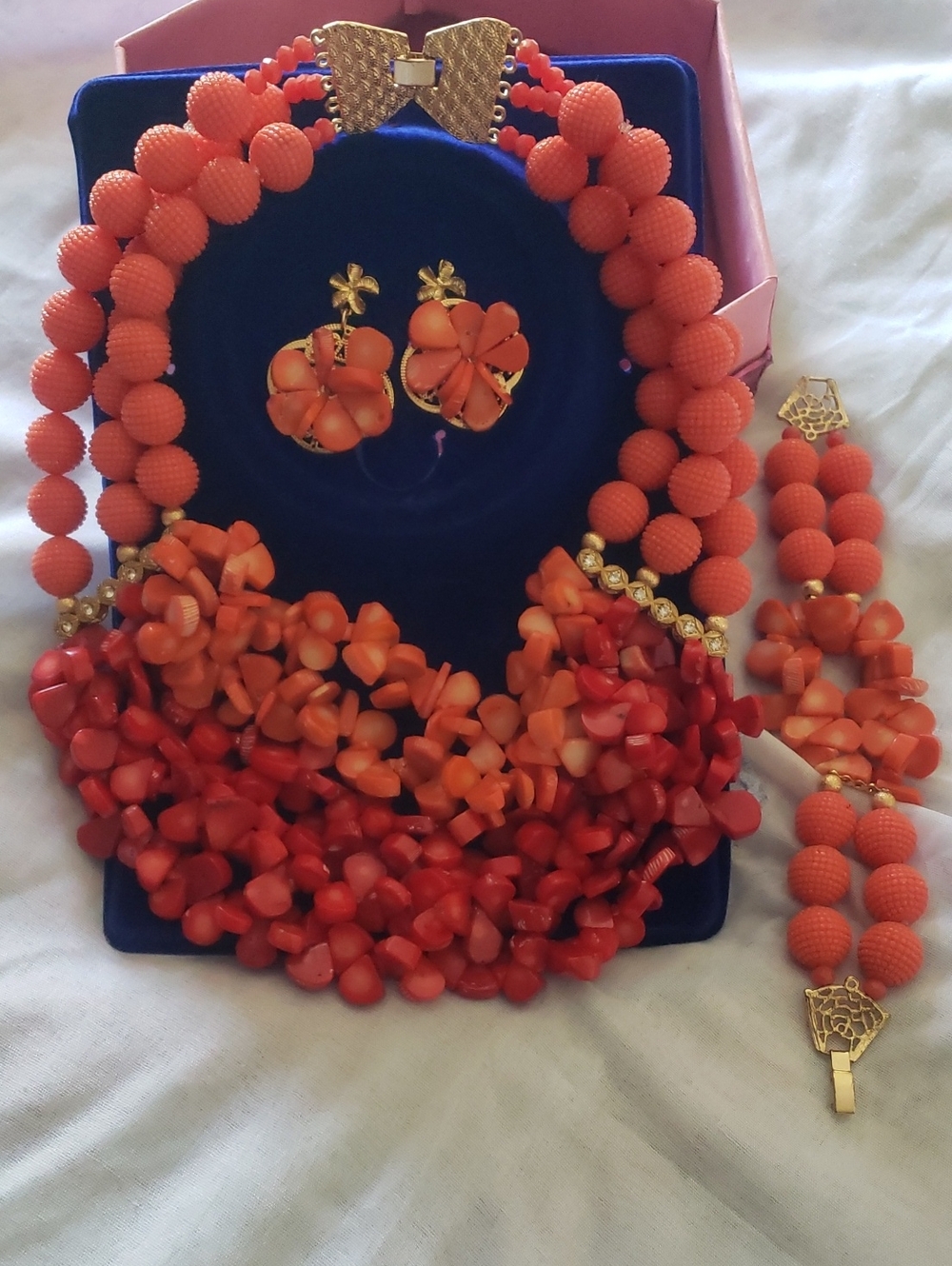 Vibrant  Coral Floral Bead Necklace Sets
